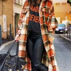 Plaid Long Coat with Black Leather Pants